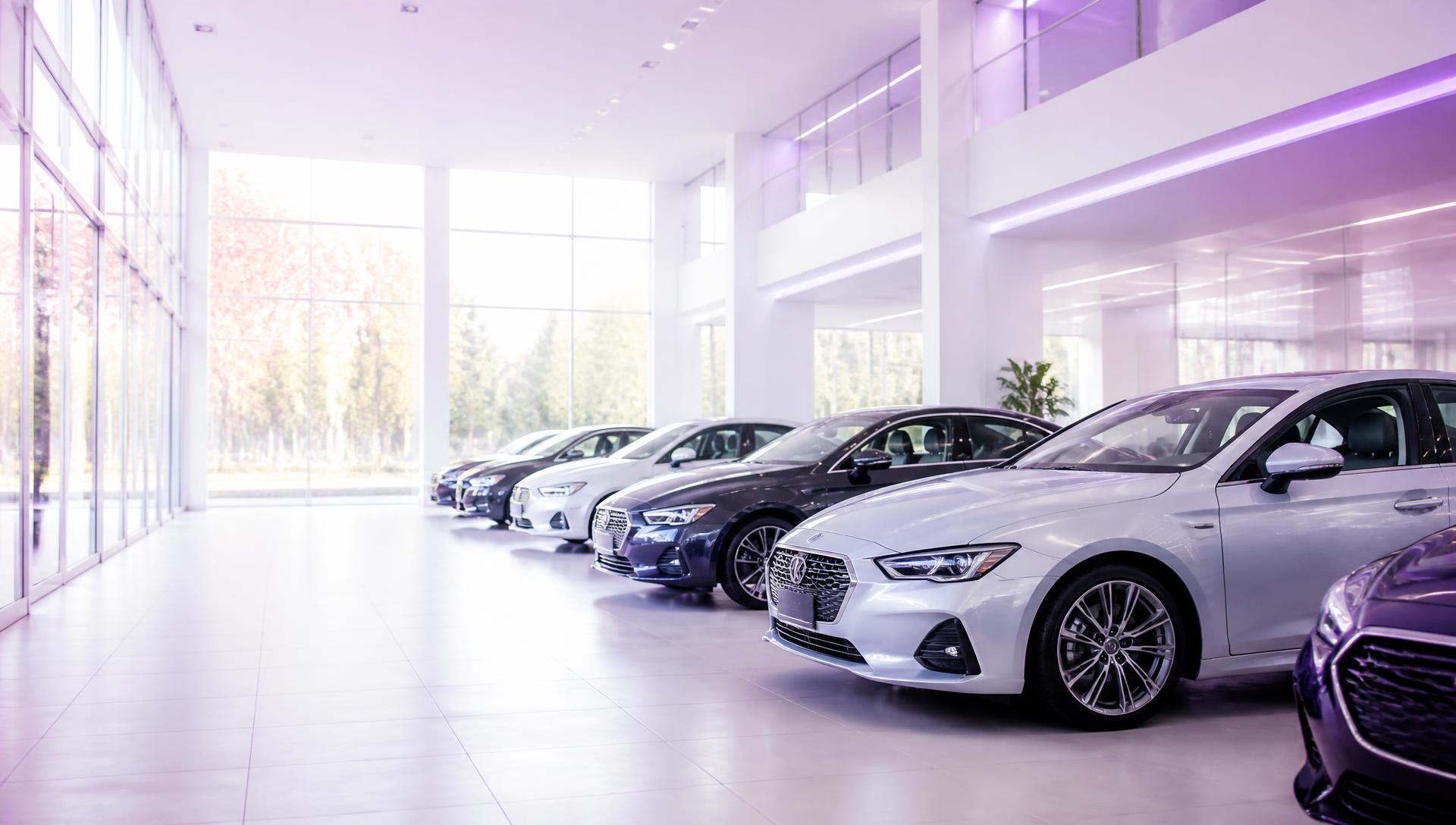 Modern car dealership showroom with a row of vehicles