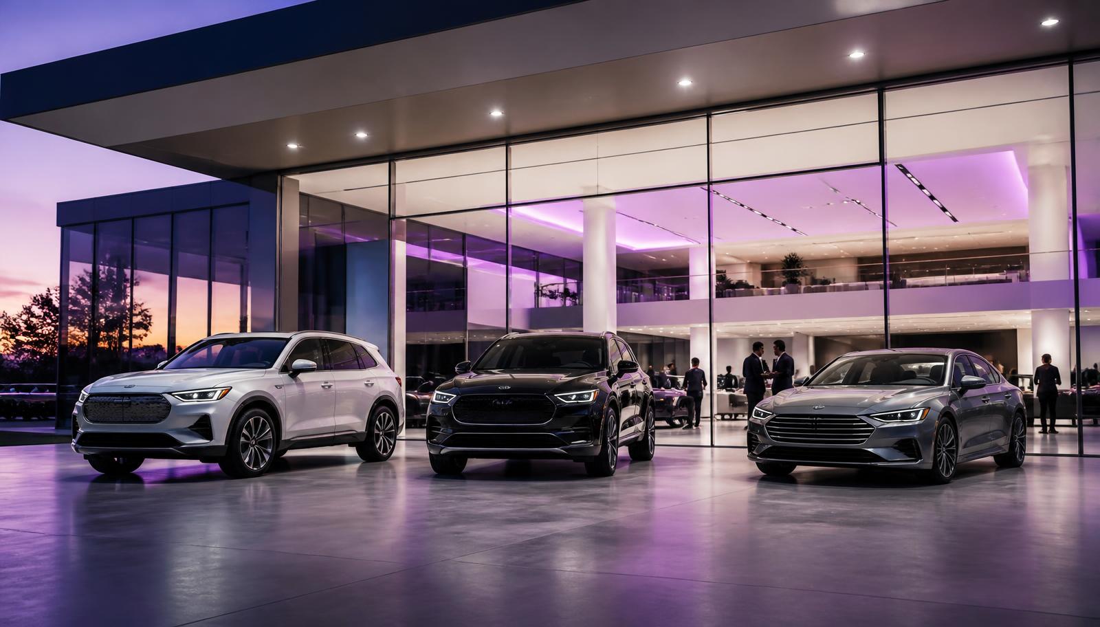 Modern dealership showroom at dusk with three vehicles on display